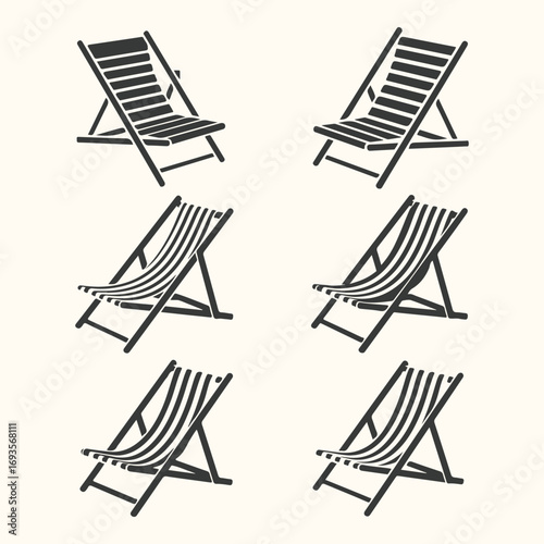 Vector art of six black and white deck chairs arranged in a grid pattern on a light beige background