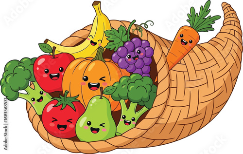 Cartoon cornucopia filled with cute fruits and vegetables for harvest celebration