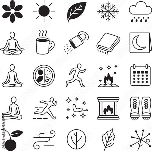 Collection of line art icons representing weather seasons and activities icon set nature