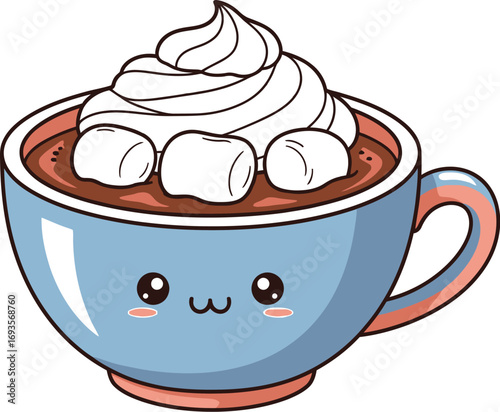 Cute cartoon hot chocolate with marshmallows and whipped cream in a blue mug
