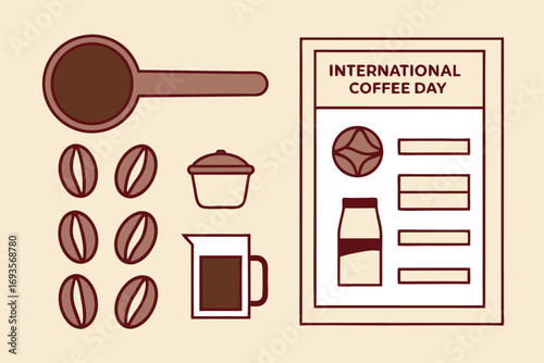 International Coffee Day with coffee scoop beans and brewing equipment