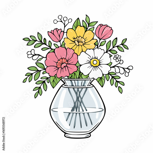 Elegant Crystal Vase with Colorful Flowers in Detailed Vector Illustration