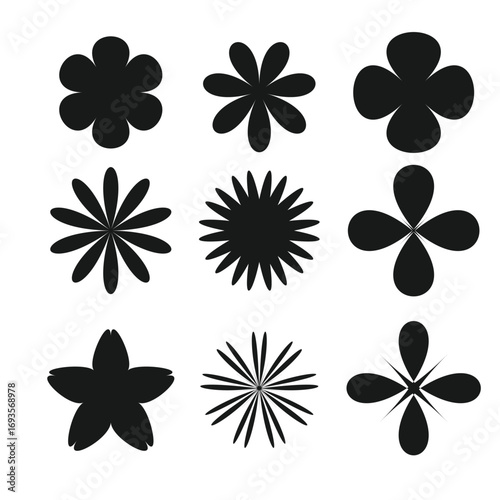 A collection of black flower silhouette icons featuring various petal shapes and styles. These floral vector designs are perfect for decoration, patterns, logos, crafts, digital art.