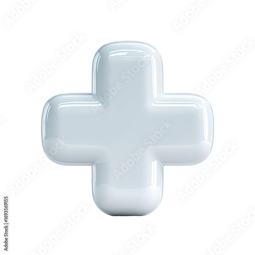 A stylized, light-gray plus sign, rendered with a smooth, rounded, 3D effect