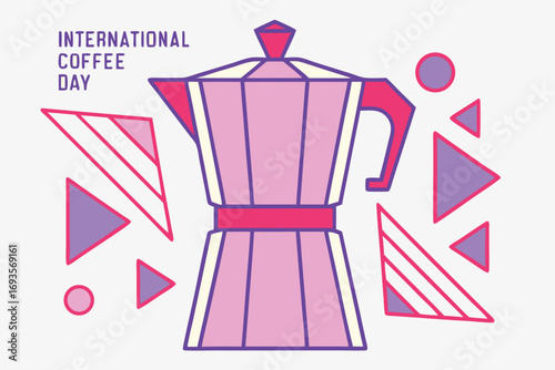 International Coffee Day with moka pot and geometric shapes