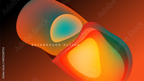 Abstract fluid shapes blend, creating vibrant orange, teal gradients. Dark background emphasizes dynamic design elements.