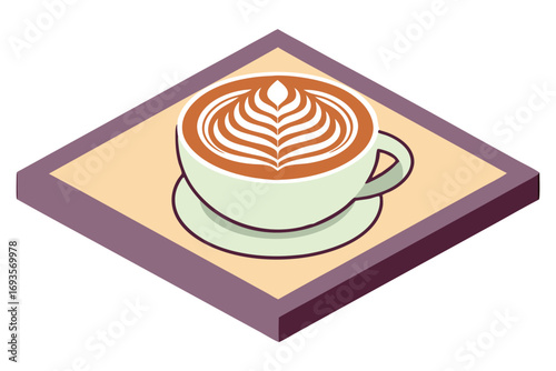Isometric coffee cup with latte art on saucer and tray