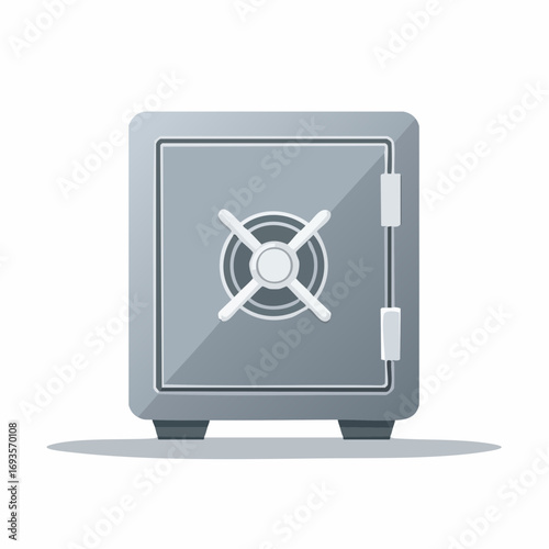 A front-facing, gray steel safe with a round dial and handle, isolated on white.