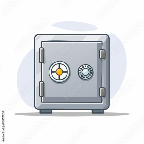 Illustration of a closed, secure, grey metal safe with a combination dial.