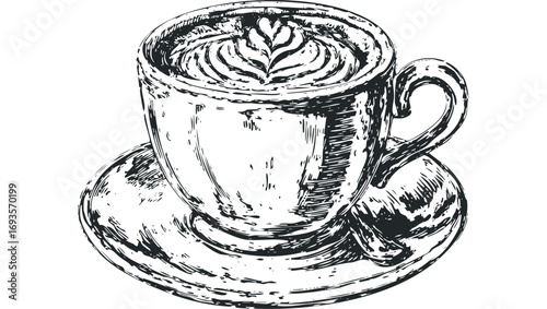 Hand drawn sketch of a coffee cup with latte art on a transparent background. Vector hand drawn illustration