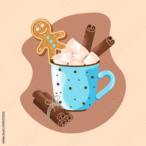 Hot Drink mug with Marshmallow, Cinnamon Sticks, Gingerbread Man. Print Design Cup Hot Chocolate, Сocoa or Сoffee. Flat Composition Christmas, New Year, Winter or Autumn Cartoon Vector Illustration. 