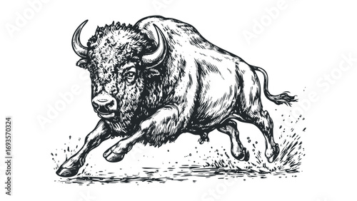 Sketchy bison charging forward with hooves kicking up dust on transparent background. Vector hand drawn illustration