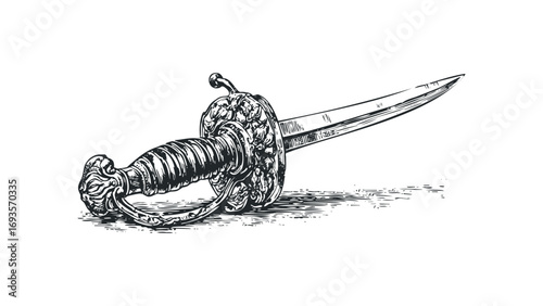 Ornate Sword Image with Intricate Handle Design. Vector hand drawn illustration
