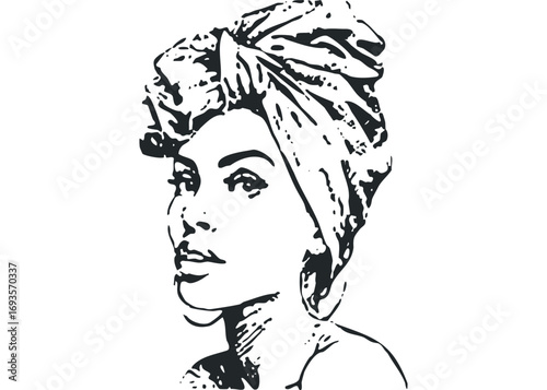 Black woman wearing headwrap and hoop earrings. Vector hand drawn illustration