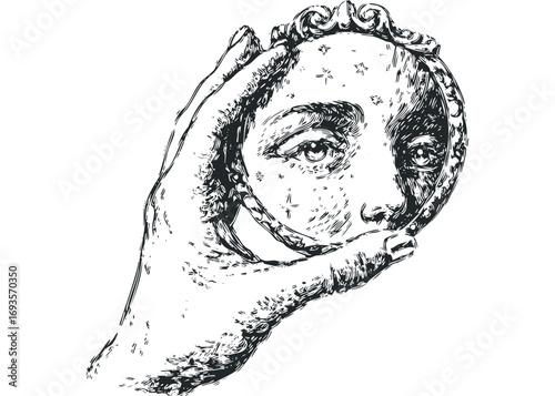 Hand holding vintage ornate mirror reflecting a woman's face,. Vector hand drawn illustration