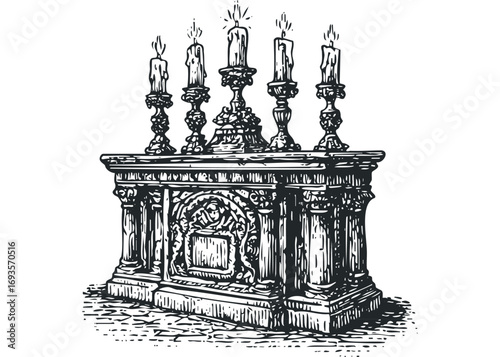 Ornate candelabra with five lit candles on a stone pedestal. Vector hand drawn illustration