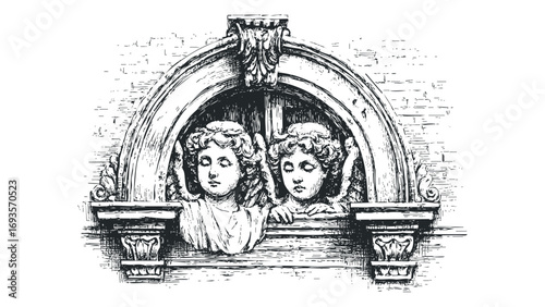 Two cherub sculptures peeking over stone ledge in vintage style. Vector hand drawn illustration