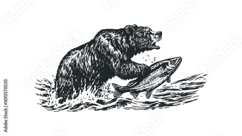 Woodcut style bear catching salmon in rough water. Vector hand drawn illustration