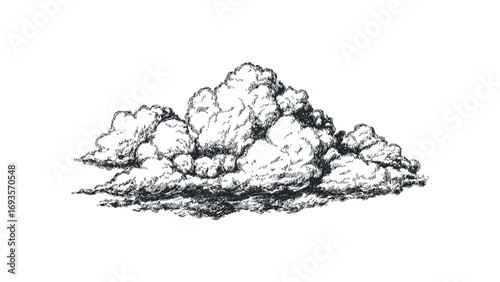 Pen and ink drawing of cumulus clouds with atmospheric texture on transparent background. Vector hand drawn illustration