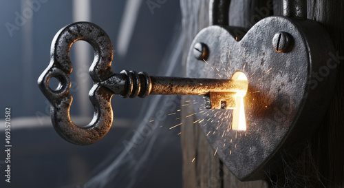 Old rustic key unlocking a glowing heart-shaped lock