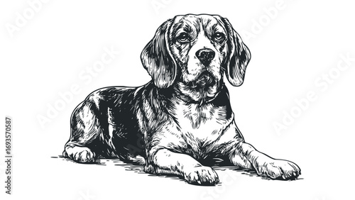 Beagle dog lying down with expressive eyes, etched style,. Vector hand drawn illustration