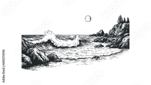 Ink drawing of a crashing wave by a rocky coast with a full moon overhead. Vector hand drawn illustration