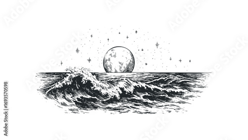 Engraved Moon Over Ocean Waves and Stars. Vector hand drawn illustration
