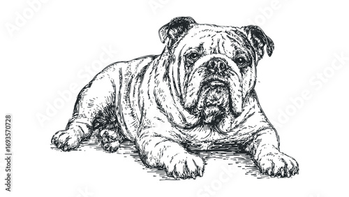 Pen and ink drawing of a bulldog lying down, image on transparent background. Vector hand drawn illustration