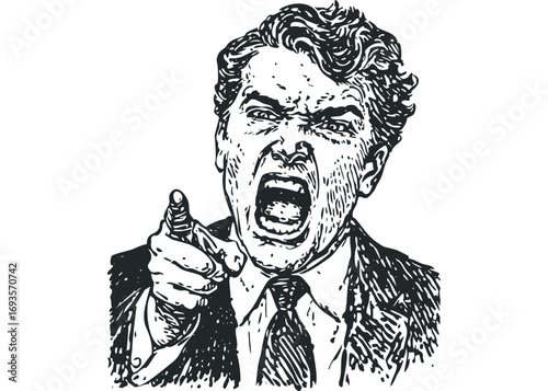 Man in suit yelling and pointing intensely with expressive face. Vector hand drawn illustration