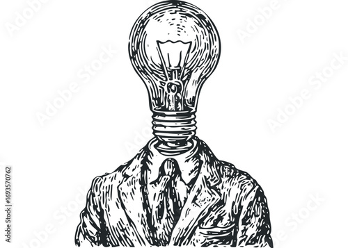 Man with Lightbulb Head on Transparent Background Image. Vector hand drawn illustration