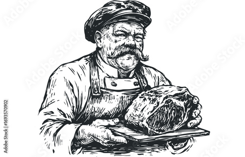 Experienced butcher in chef hat holding large raw meat cut on a wooden board. Vector hand drawn illustration