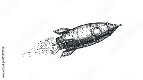 Sketch style rocket ship soaring with exhaust trail. Vector hand drawn illustration