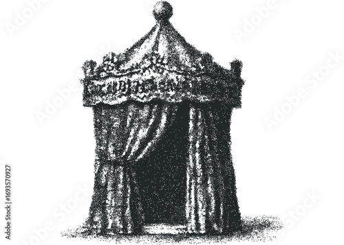 Stippled ancient tent structure with ornate fabric draped at entrance. Vector hand drawn illustration