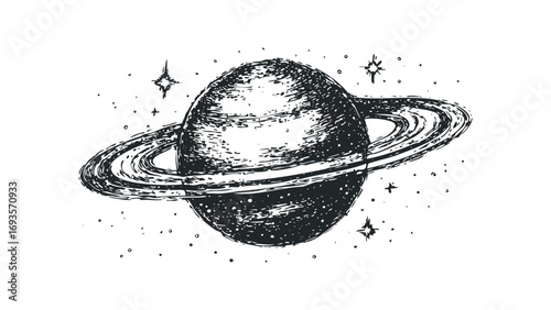 Ringed Planet Celestial Body with Stars Image. Vector hand drawn illustration
