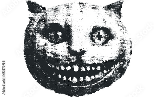 Grinning cat face portrait with textured dots on transparent. Vector hand drawn illustration