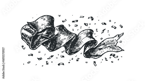 Distressed fabric banner with scattered debris on transparent background. Vector hand drawn illustration