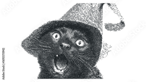Surprised black cat with wide eyes and open mouth rendered in halftone dots on white. Vector hand drawn illustration
