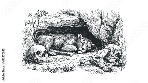Sleeping cub in cave surrounded by skulls and bones. Vector hand drawn illustration