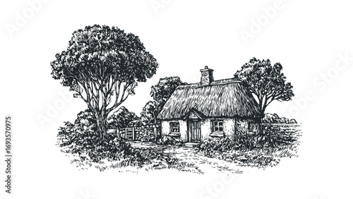Sketch of a charming cottage with thatched roof and surrounding trees. Vector hand drawn illustration