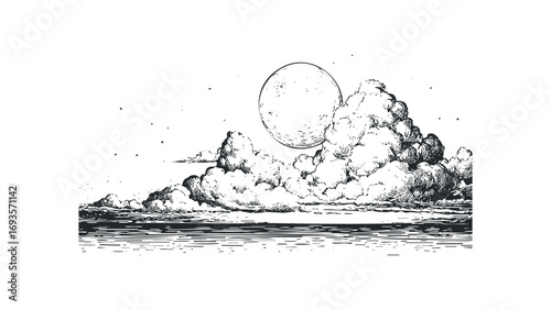 Ink sketch of moon peeking through cumulus clouds above water surface. Vector hand drawn illustration