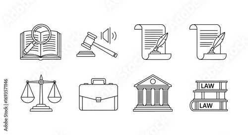 Eight Line-Art Law Icons - Gavel, Scales, Book, Documents, Briefcase, Courthouse.