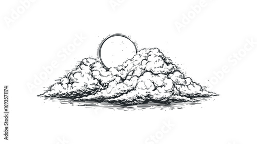 Woodcut style clouds with a textured circular element in the sky on a transparent background. Vector hand drawn illustration