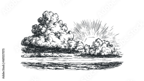 Dramatic cloud formation with sunburst on transparent background. Vector hand drawn illustration