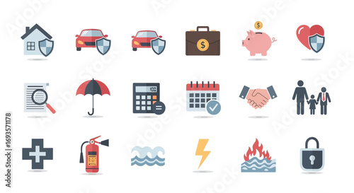 Colorful flat vector icon set for insurance, finance, and risk management, including home, car, life, and health symbols.