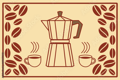 Moka pot and coffee cups with beans border coffee maker