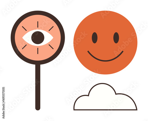 Eye on magnifier emphasizes focus, orange smiling sun radiates positivity, cloud suggests lightness. Ideal for creativity, mindfulness, optimism, vision, clarity personal growth self-awareness. A