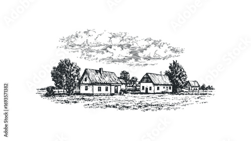 Sketch of rural village with traditional houses and trees on a white background. Vector hand drawn illustration
