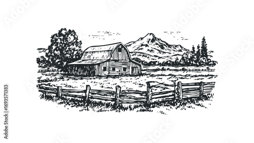 Wood barn and split rail fence in pastoral landscape with mountain. Vector hand drawn illustration