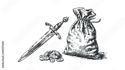 Sketch of a sword, coins, and a pouch on a transparent background. Vector hand drawn illustration