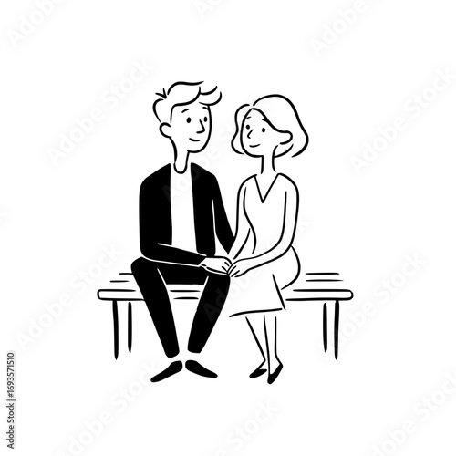 Cute hand drawn couple sitting on bench, Black and white sketch of a man and woman sitting close on a bench, holding hands and smiling affectionately at each other.

